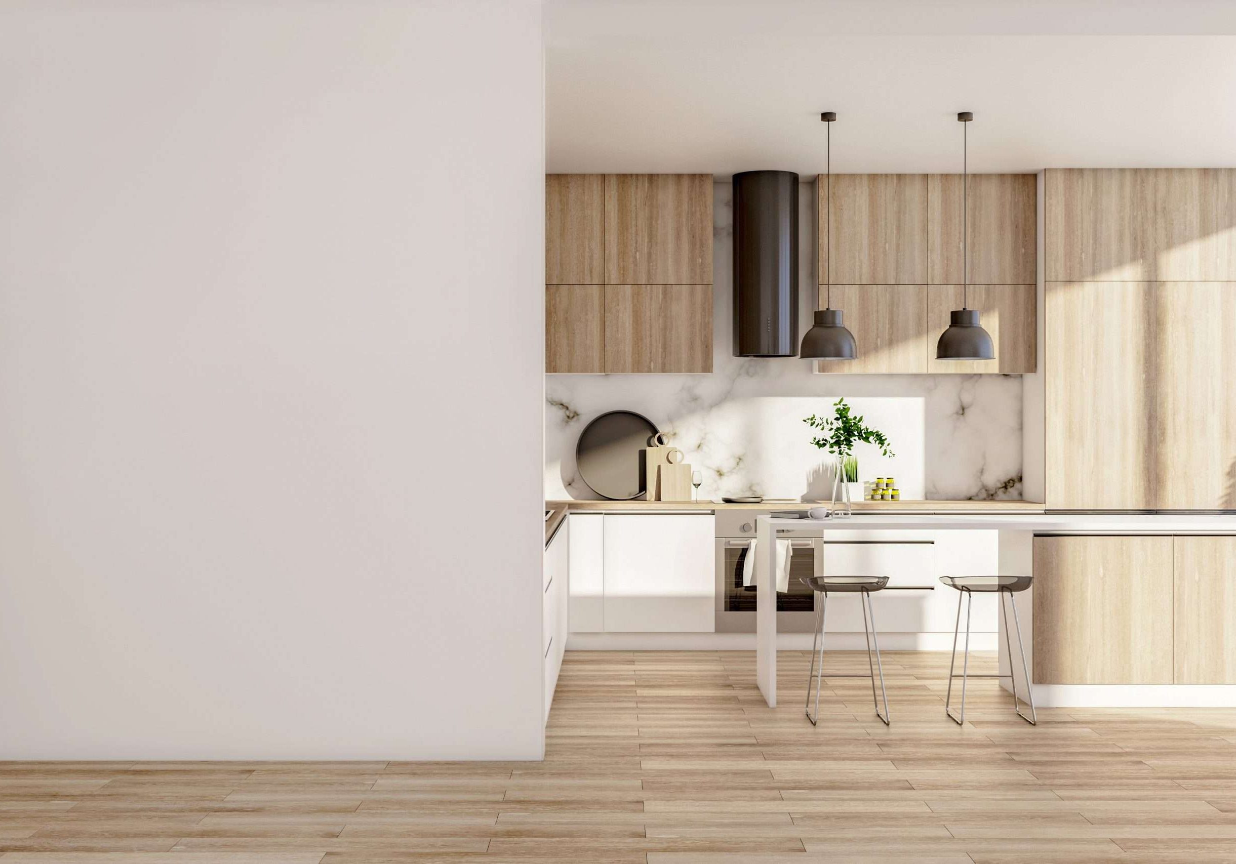 Wooden kitchen studio interor with blank wall.