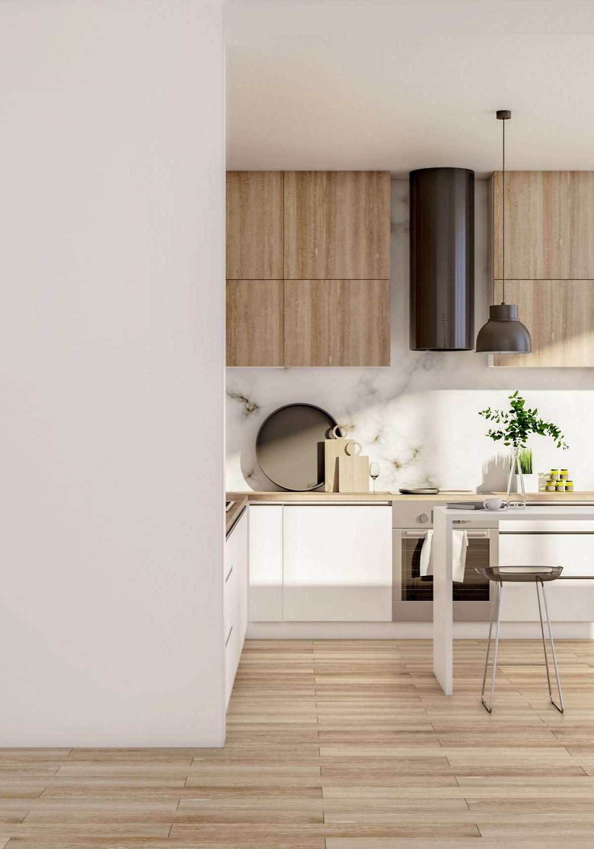 Wooden kitchen studio interor with blank wall.